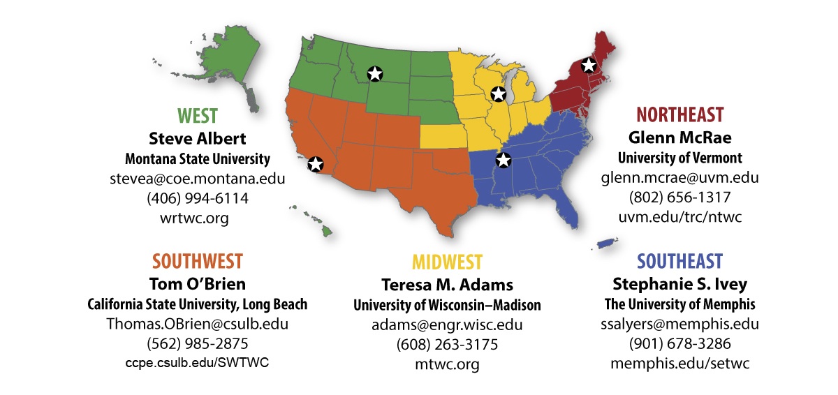 U.S. map showing the five Workforce Centers with URLs and contact info