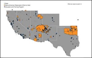 map of southwest states with training sites and tribal areas highlighted